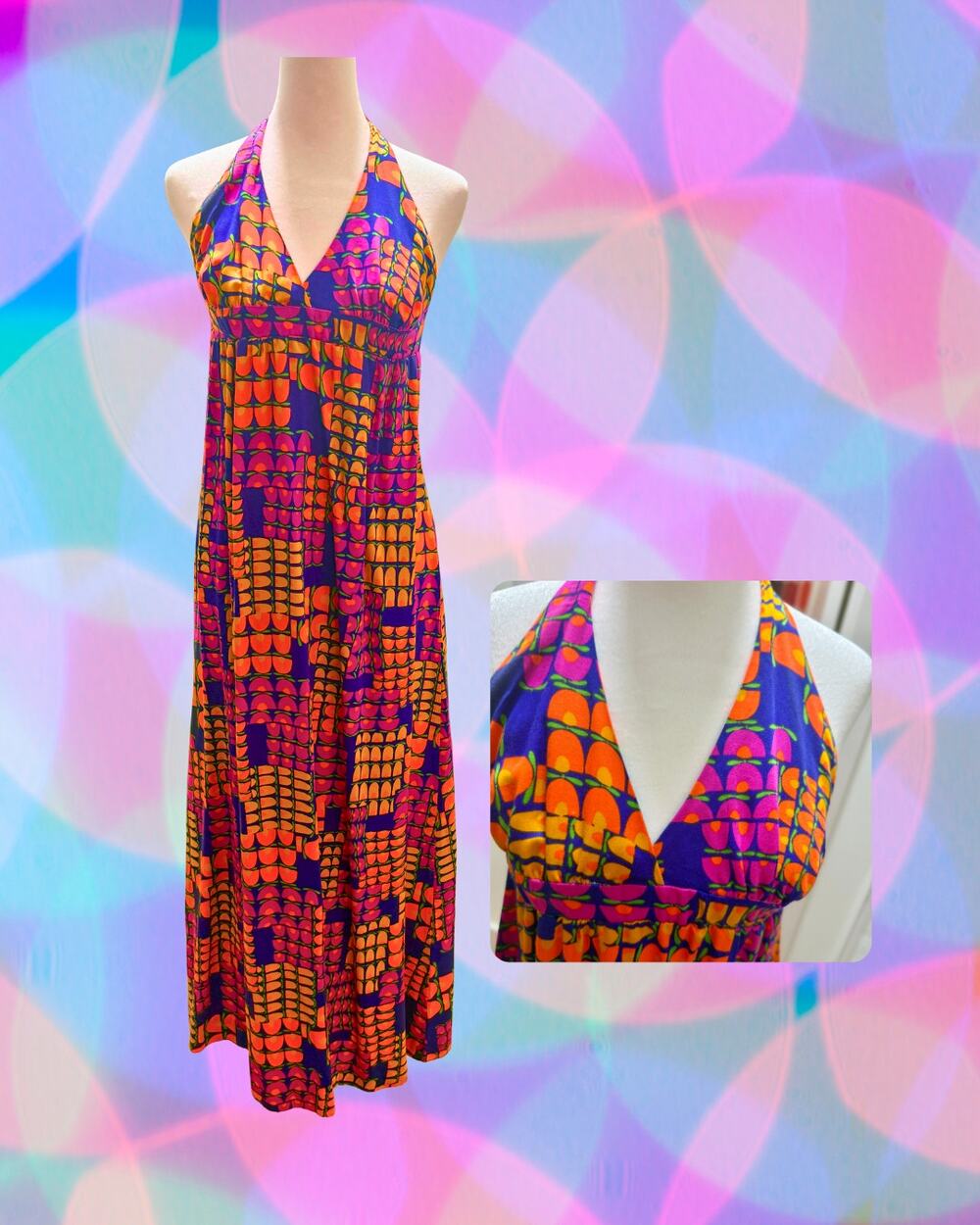Vintage 1970s Psychedelic Geometric Halter Maxi Dress – Stiff Cotton Barkcloth S